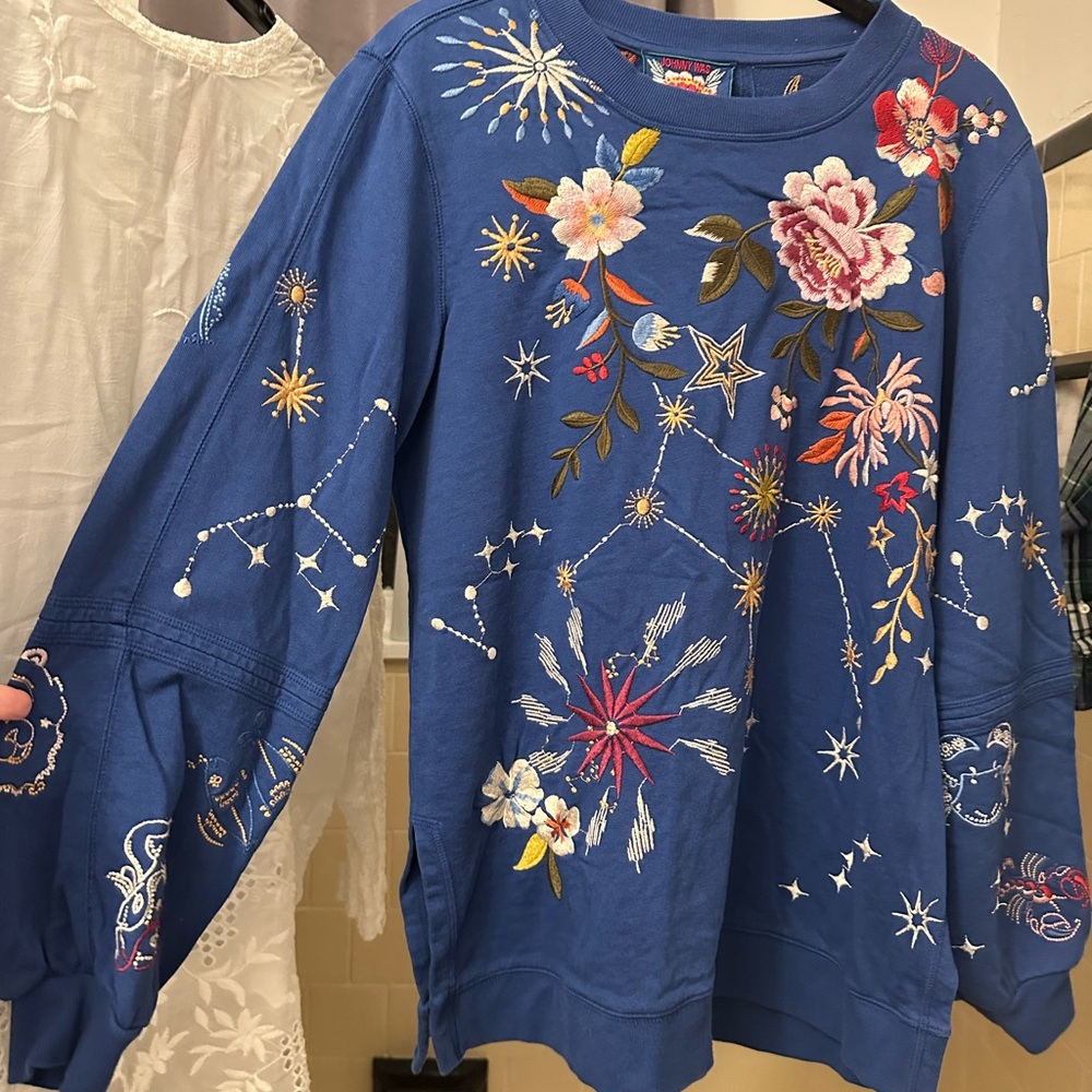 Johnny Was, Royal Blue, Astronomy, Hand Embroidered Top W/ Stunning Colors
